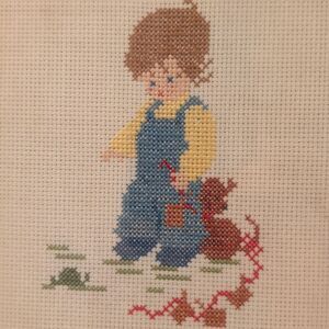 Vintage Framed Cross-Stitch Art Boy and His Puppy, What Are Little Boys Made Of?